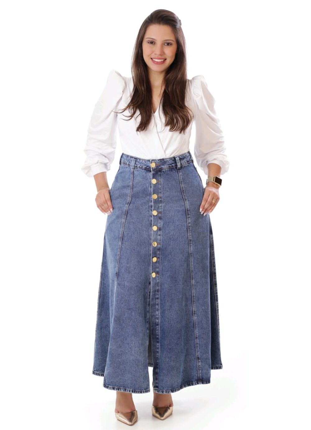 Saia Longa Jeans Moda Evangélica