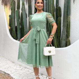 Vestido Godê Moda Evangélica Mídi de Tule