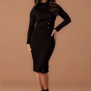 Vestido Midi de Tricô Manga Longa Com Fivela Preto