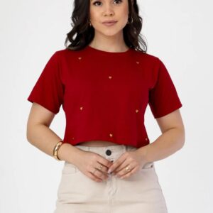 Cropped Mini Marsala com Vários Coraçõezinhos Tam. Unico