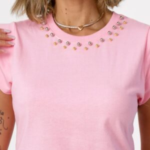 T-Shirt Muscle Tee Rosa com Pérolas na Gola Tam. P