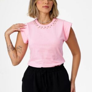 T-Shirt Muscle Tee Rosa com Pérolas na Gola Tam. P