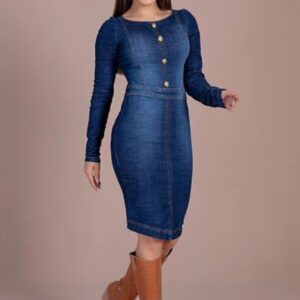 Vestido Jeans Longo Hadaza com Fenda Frontal Tam. M