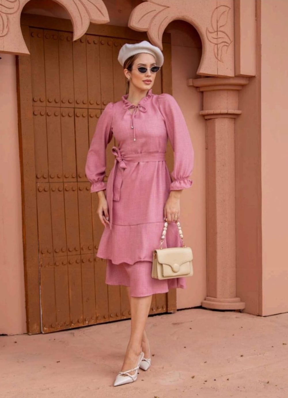 vestido manga longa midi