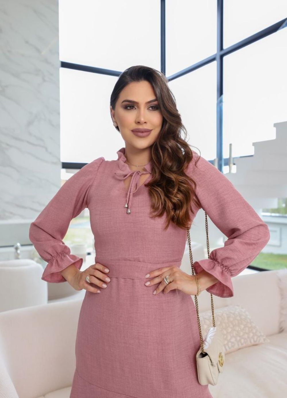 vestido manga longa midi