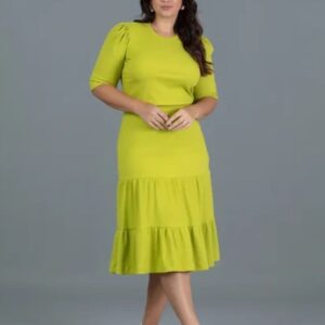 Vestido Midi Canelado de Crepe Plus Size Mangas 3/4 - Tam G1
